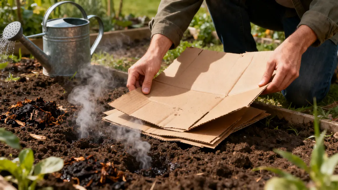 mains posant carton brun compost paillage recyclage jardin
