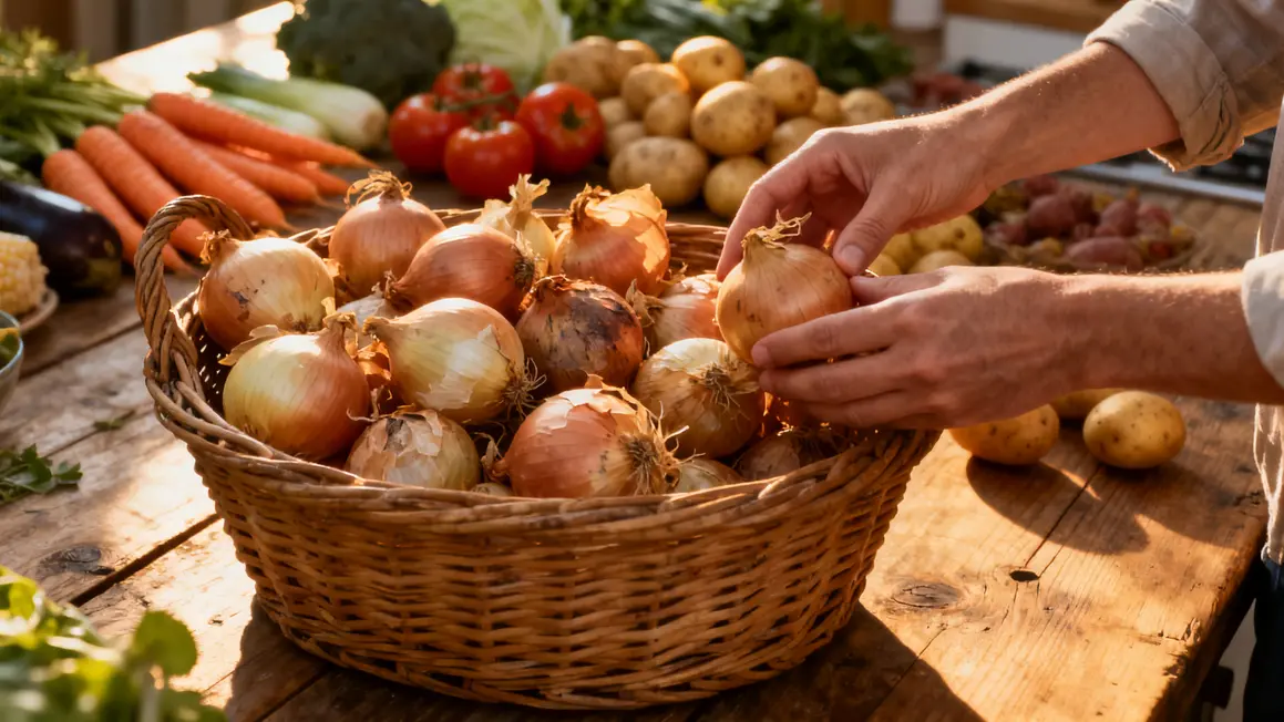 Panier oignon secs, légumes variés, ambiance chaleureuse