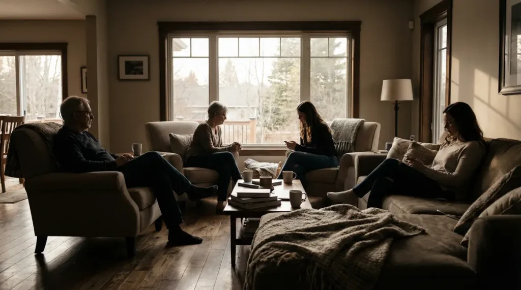 Parents et enfants adultes distants dans une maison familiale