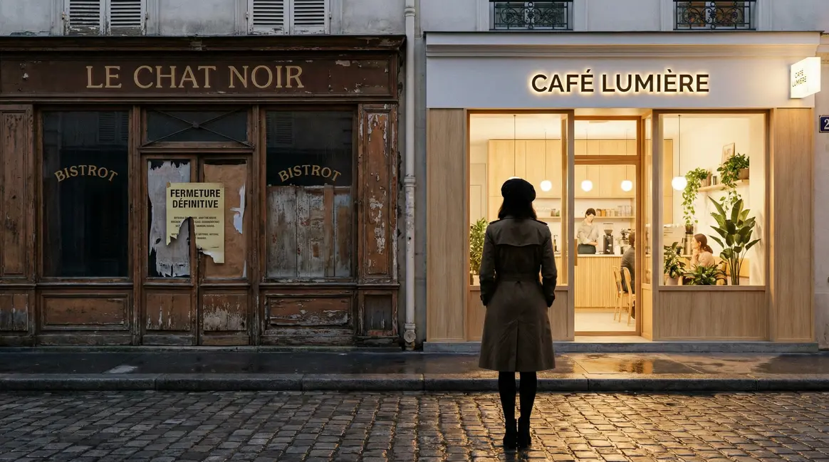 Bistrot fermé Paris silhouette femme devant coffee shop moderne