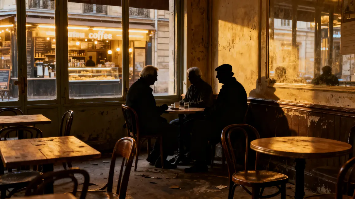 Intérieur bistrot vide seniors ambiance nostalgique coffee shop