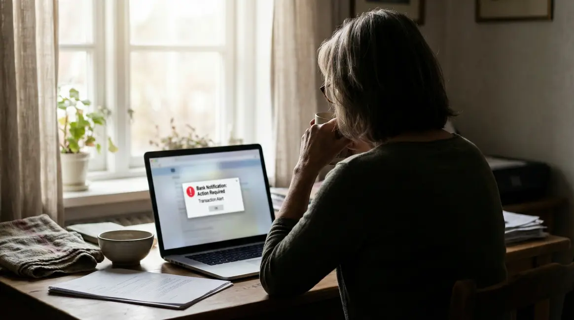 Femme mature regarde notification PEL sur ordinateur
