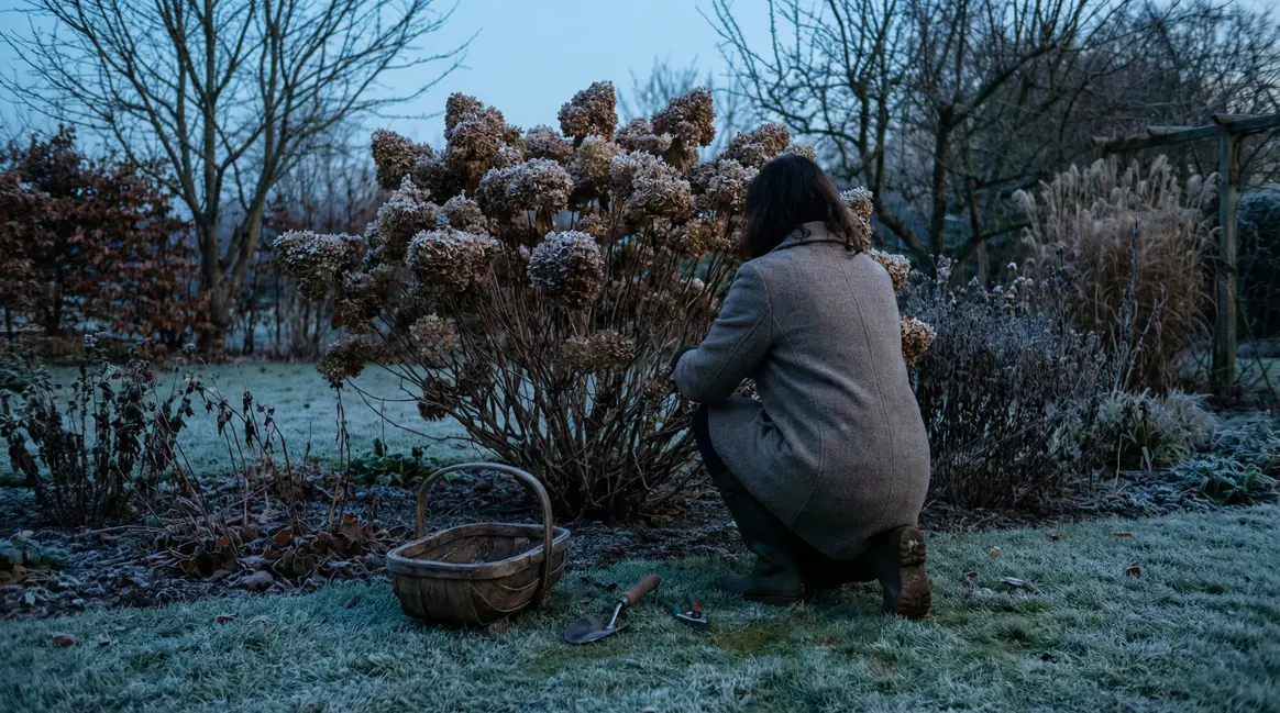 Femme agenouillée jardin hiver hortensia compost