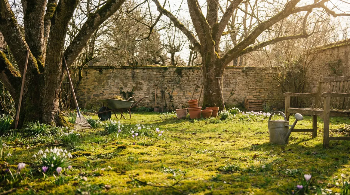 Pelouse de jardin francais avec mousse debut printemps