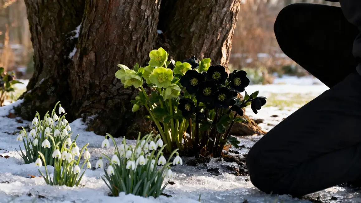 perce neige et hellebores en fleurs jardin hiver