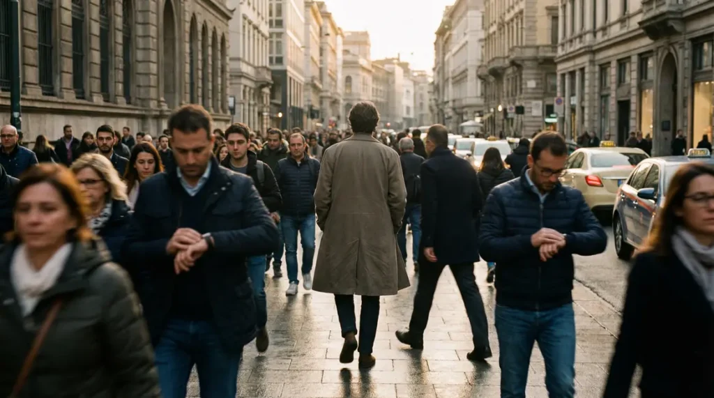 Adulte calme avance dans foule urbaine