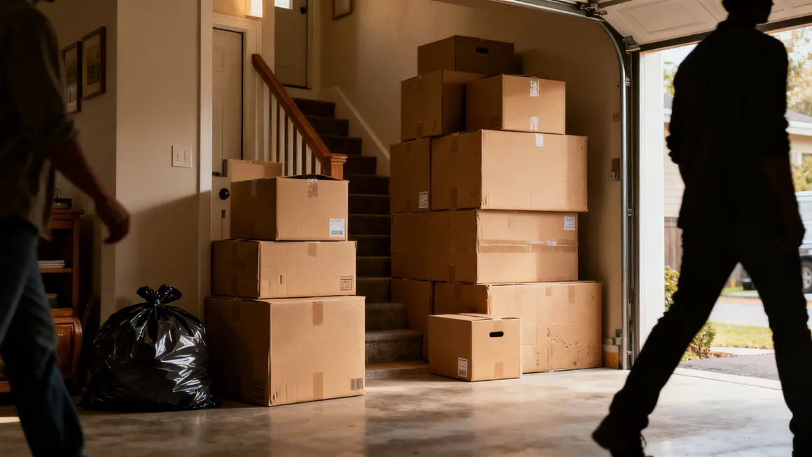 Cartons bruns entassés dans entrée garage