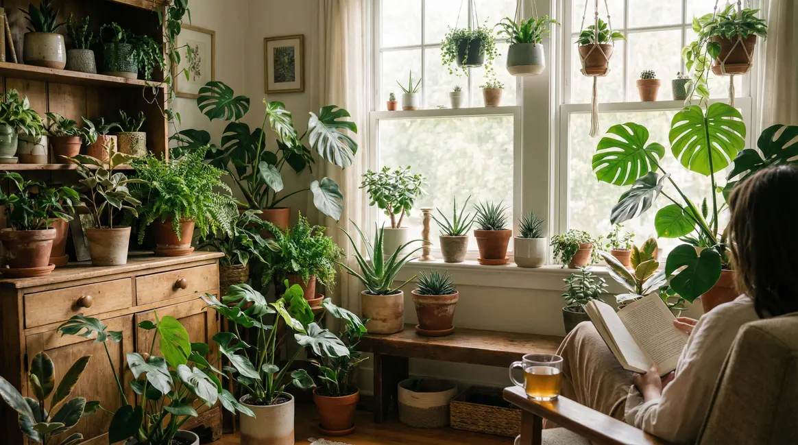 plantes d intérieur dense en salon lumineux