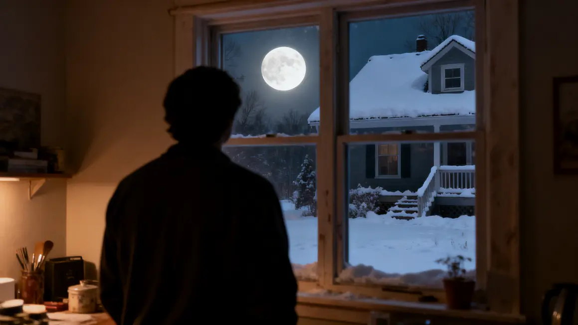 Maison enneigee silhouette regardant pleine lune