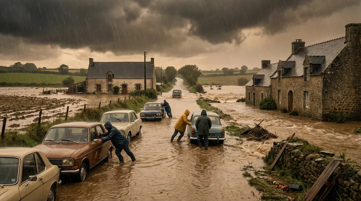 Route inondée sous pluies extrêmes Bretagne sud-est