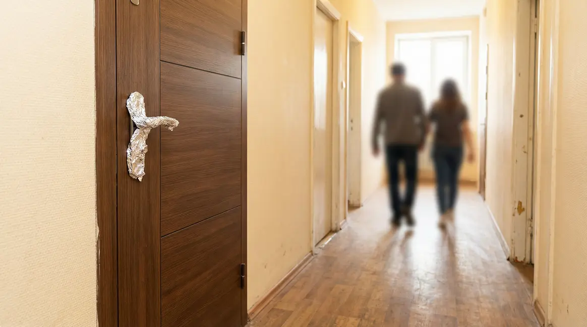 Poignée de porte avec papier aluminium en prévention cambriolage