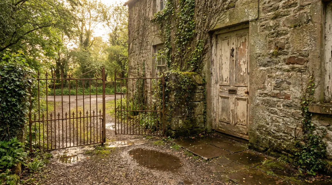 portail rouillé et porte en bois abîmée devant maison ancienne