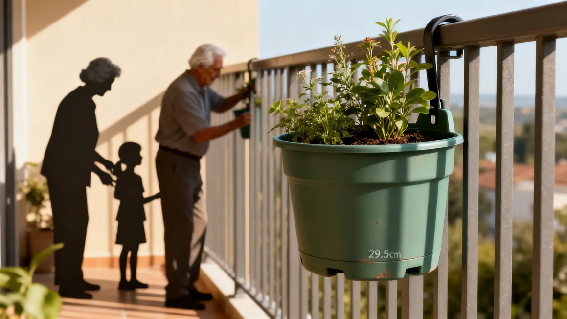 gros plan pot plastique suspendu rambarde balcon Gifi