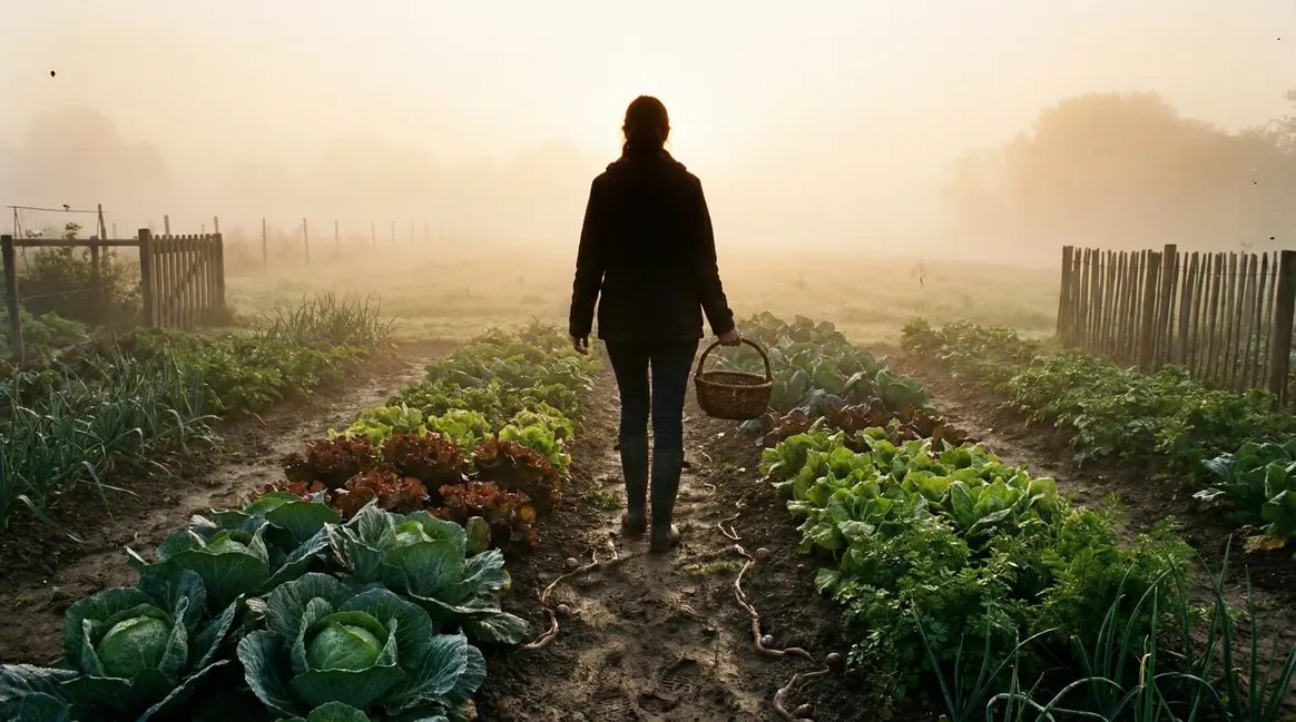potager sous brume avec traces de limaces au matin