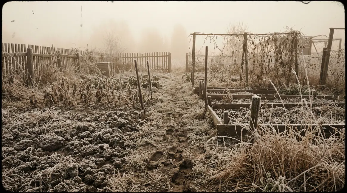 potager sous la brume en hiver sol gele herbes seches