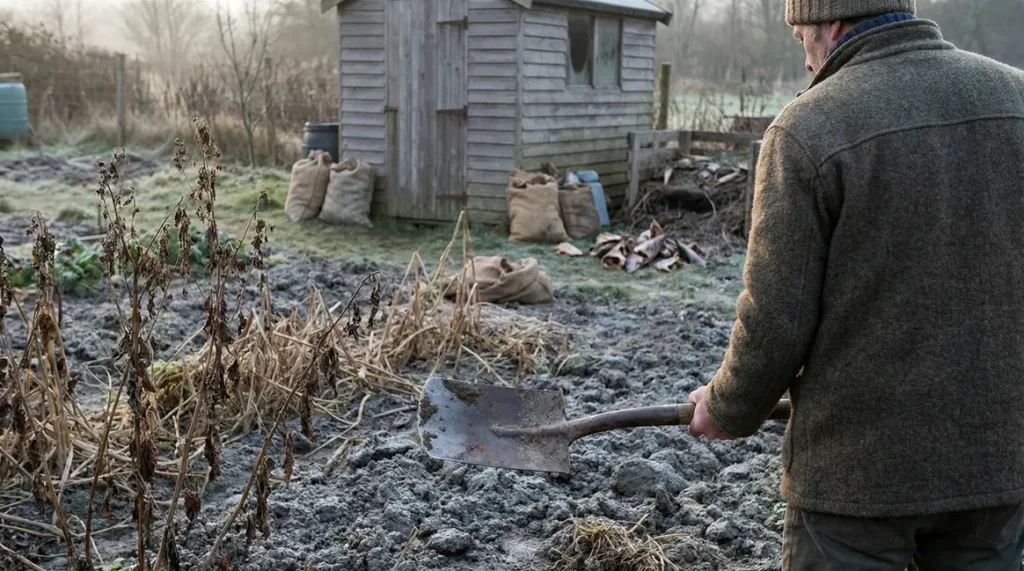 Potager d'hiver terre grise femme bêche sacs de graines têtes de poisson
