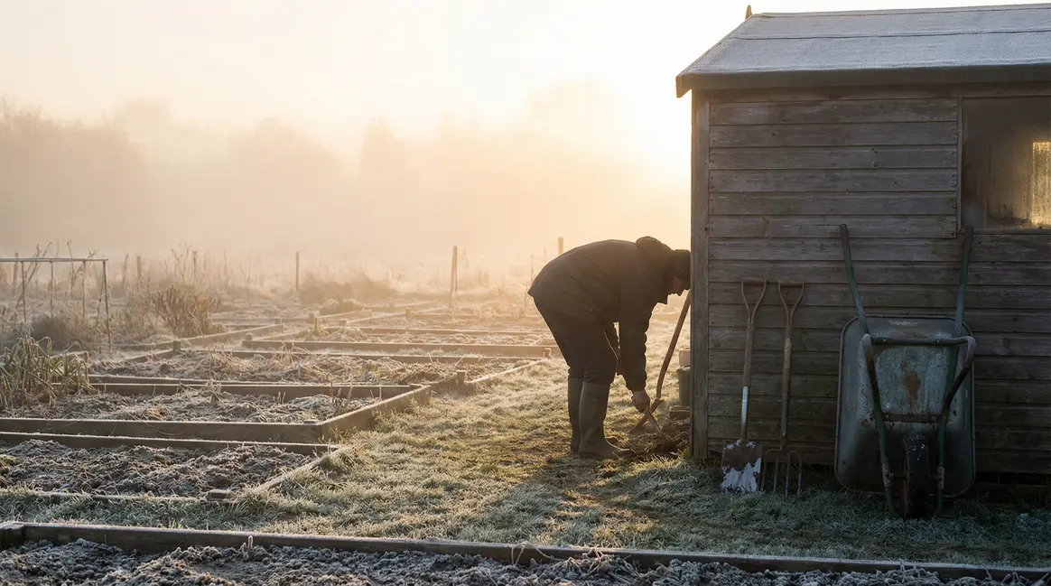 potager hiver givre brume jardinier cabane outils