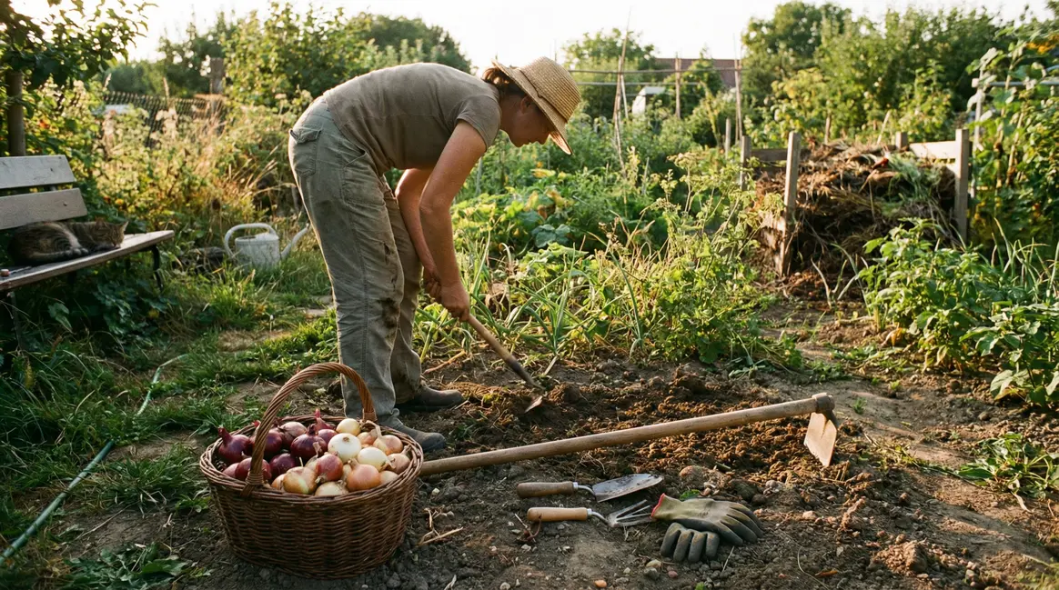Potager maison, panier oignons, jardinière, lumière naturelle
