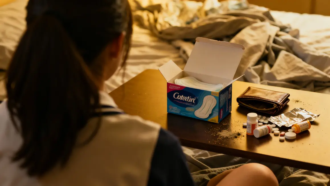 etudiante assise lit regardant boite protections menstruelles et portefeuille vide