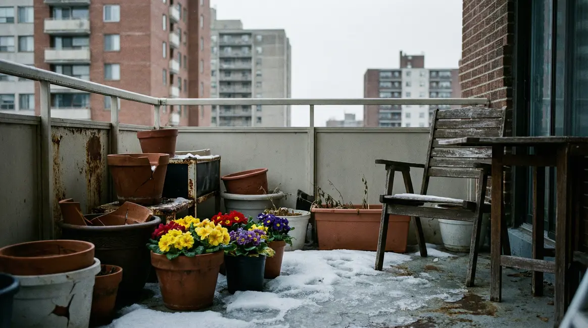 primeveres colorées sur balcon urbain en hiver