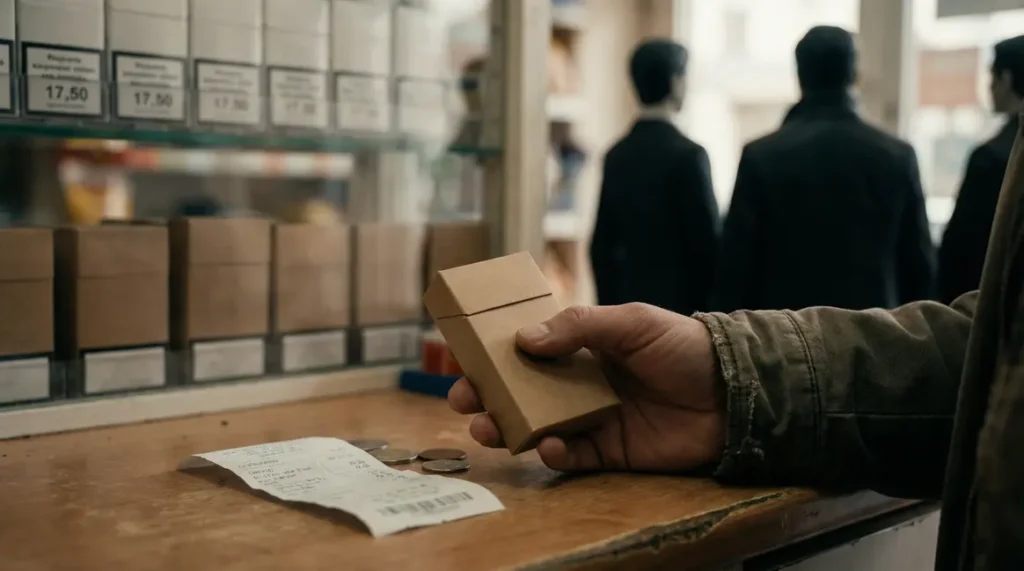 main tenant paquet cigarettes ticket caisse devant comptoir mars