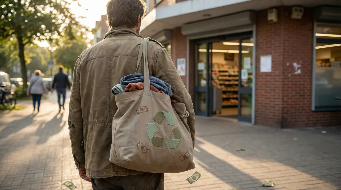 Personne sac vêtements entrée supermarché recyclage
