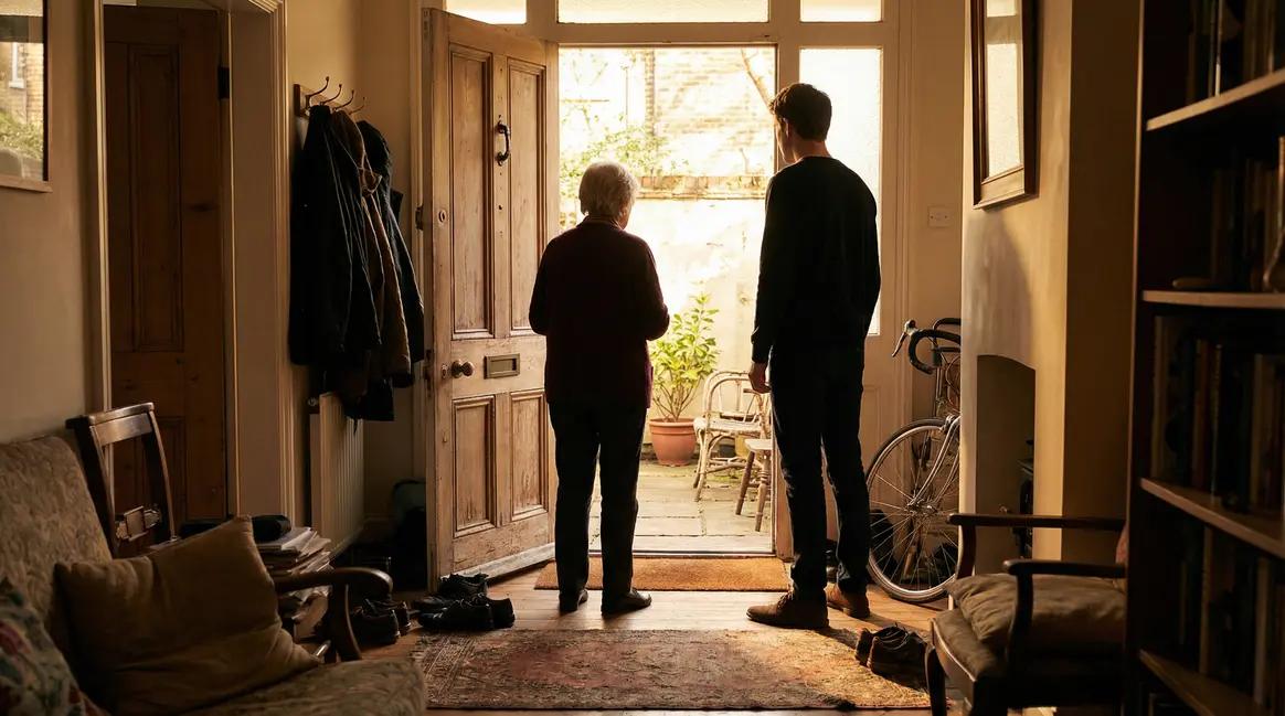 parent et enfant adulte séparés par porte