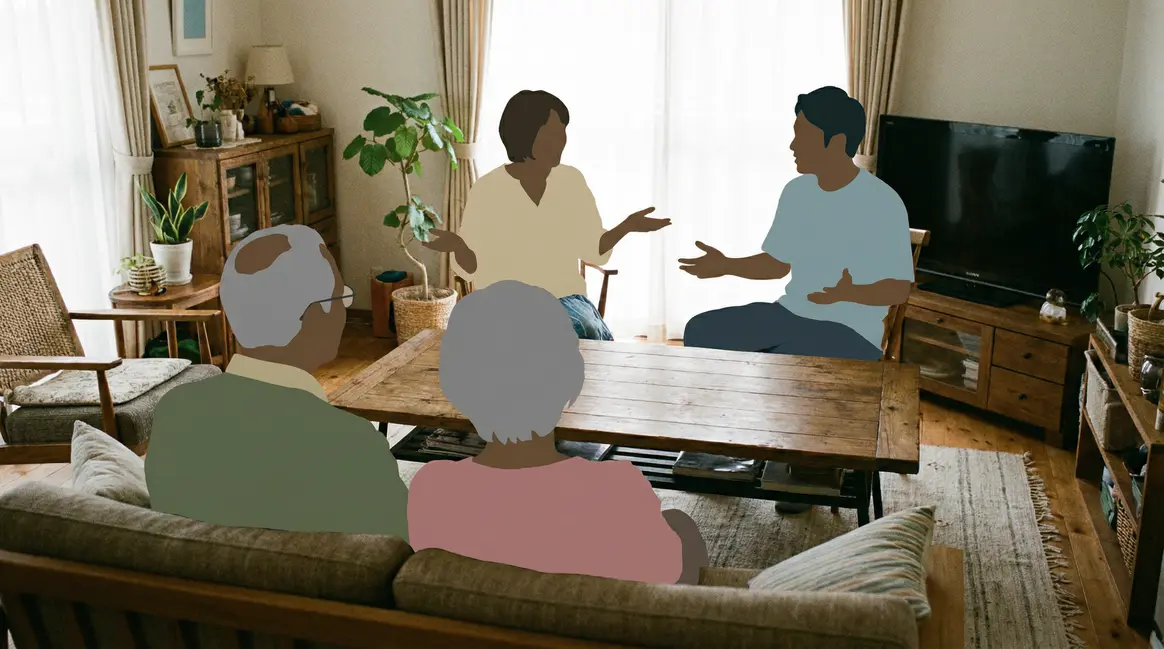 parents plus de 50 ans adultes dialoguent ambiance chaleureuse