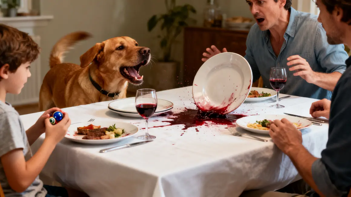 Repas trouble, labrador caramel, assiettes renversées