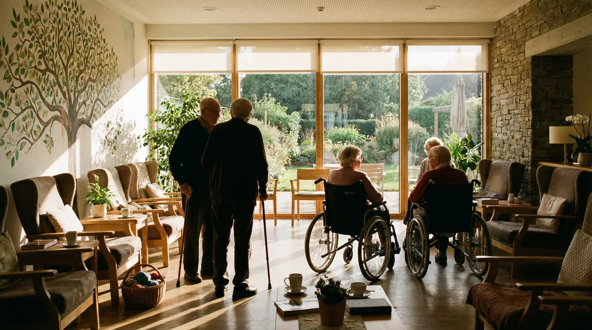 Residence seniors moderne silhouettes ambiance chaleureuse