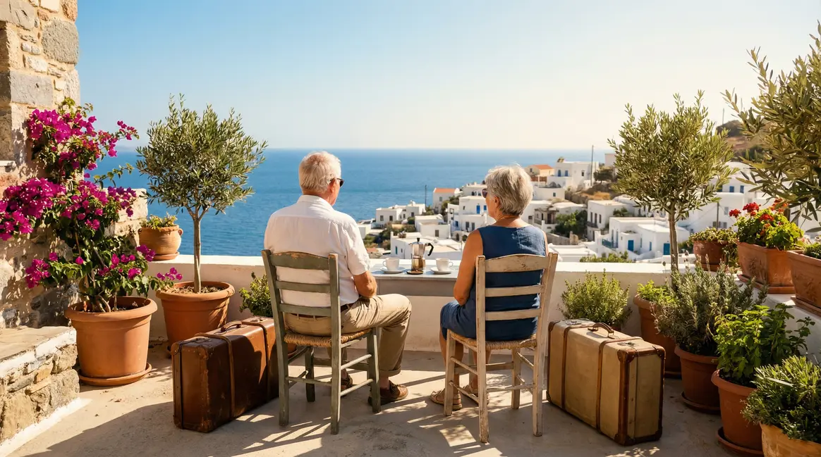 Couple retraités français terrasse mer Égée Grèce