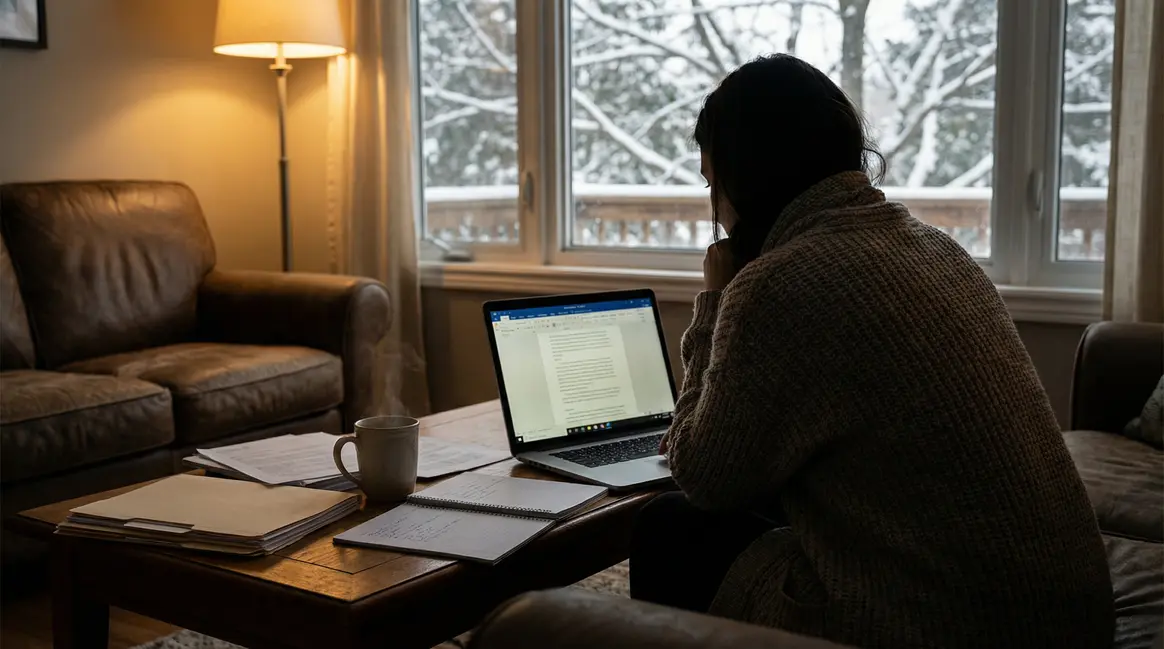 Femme retraite consulte PDF administratif hiver