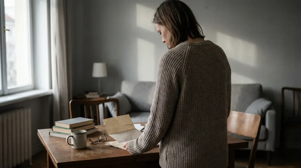 Femme regarde lettre retraite CNAV appartement
