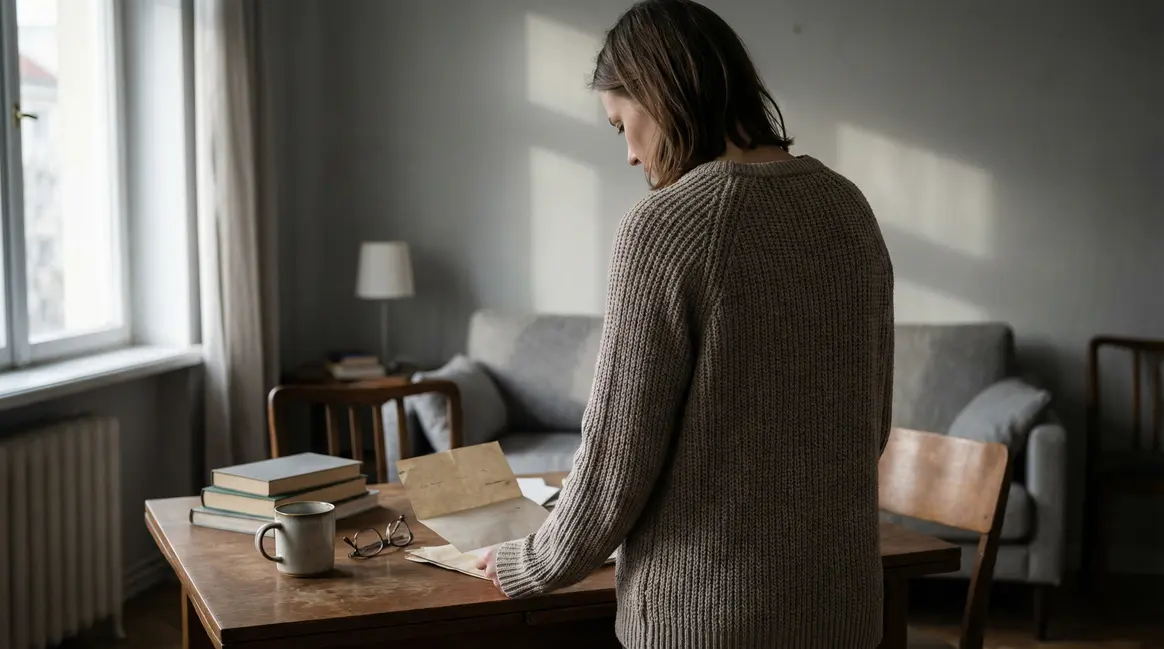 Femme regarde lettre retraite CNAV appartement