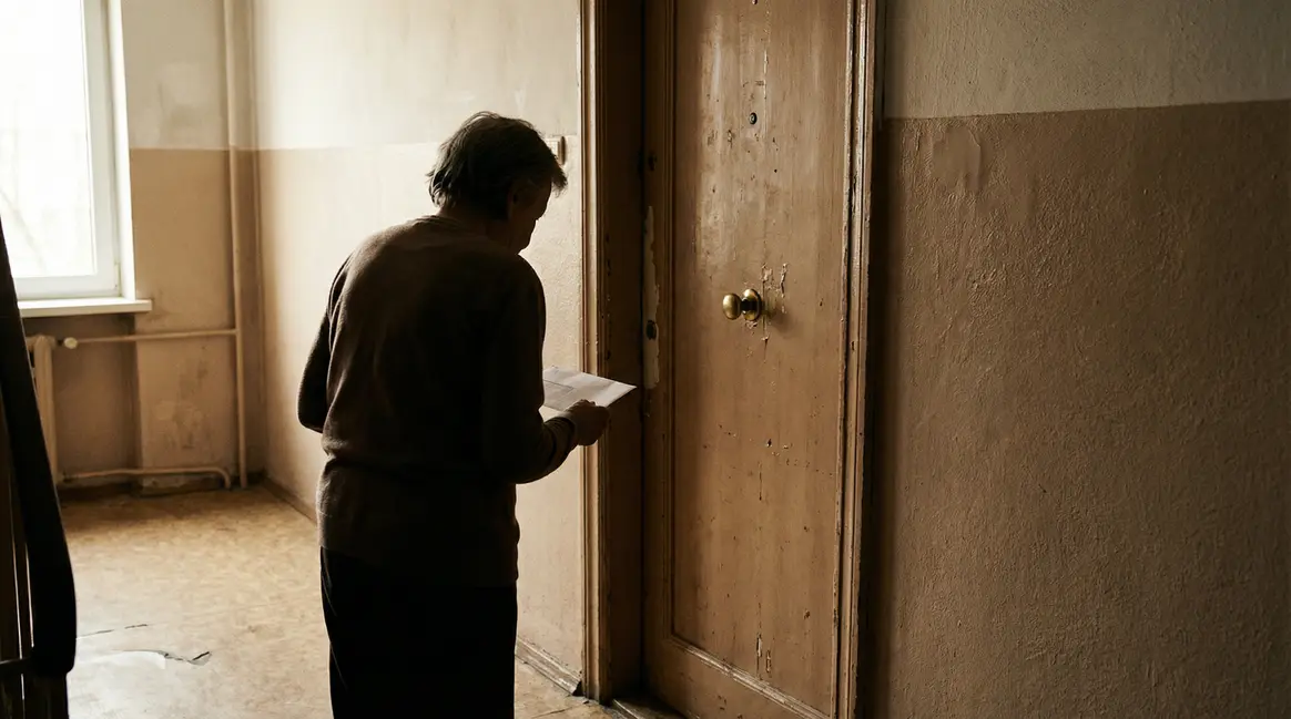 Personne âgée devant porte appartement modeste avec enveloppe impôt