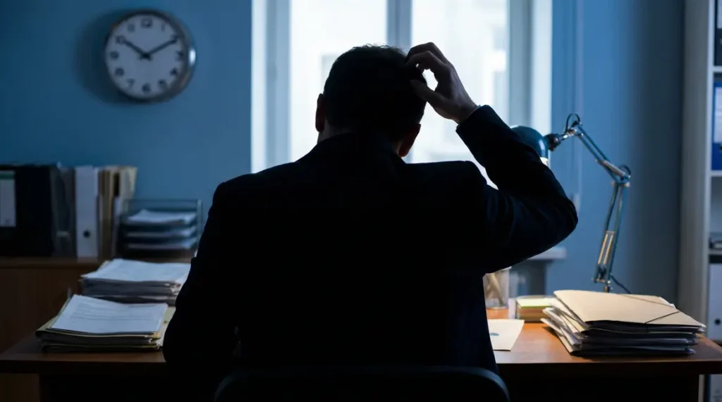 silhouette perplexe devant document retraite bureau