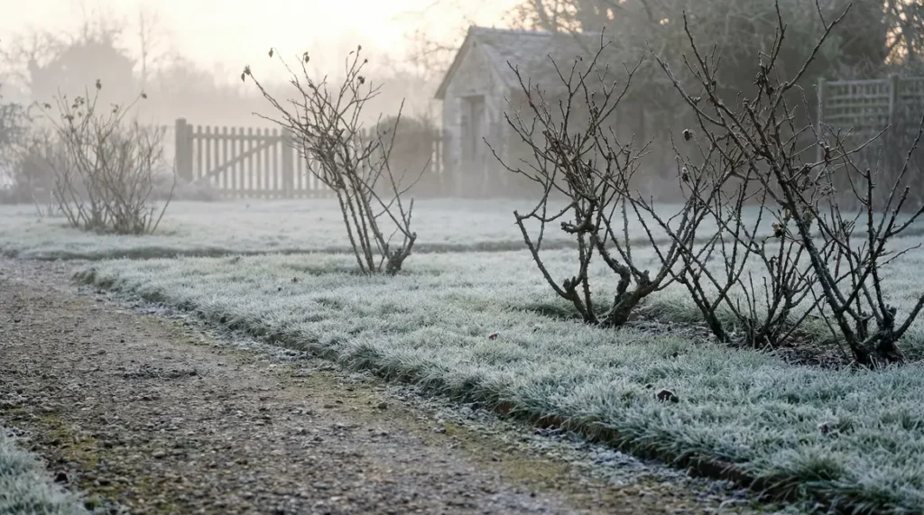 rosiers trapus sur pelouse givrée en hiver