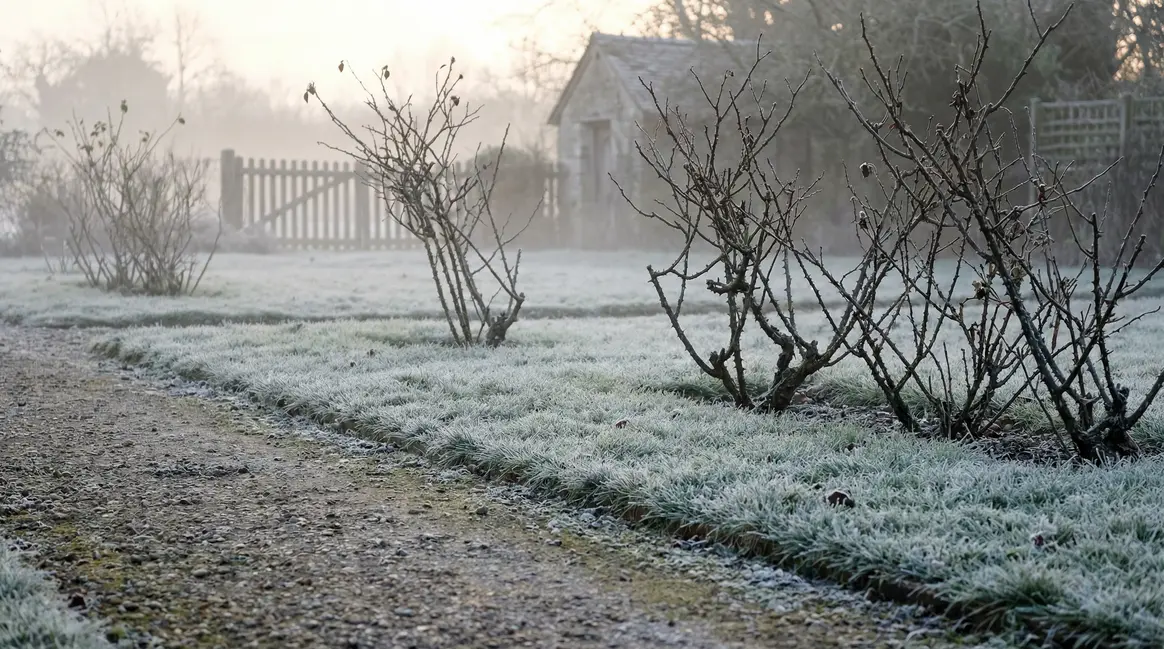 rosiers trapus sur pelouse givrée en hiver