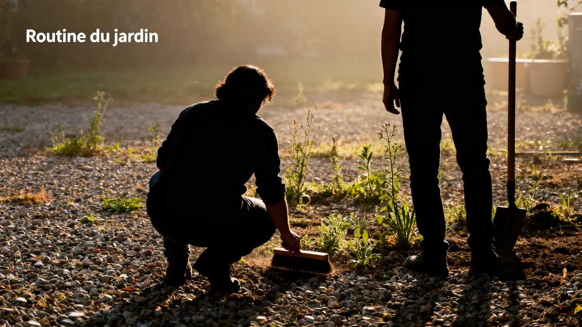Personnes au jardin, gravier, routine, mauvaises herbes