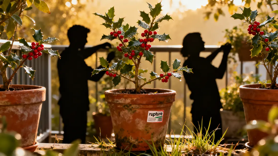 Pots de houx baies rouges et etiquette rupture