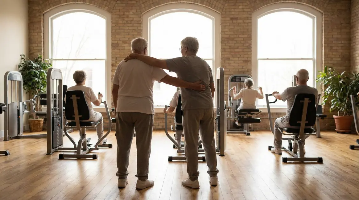 Senior sur machines adaptees dans salle lumineuse