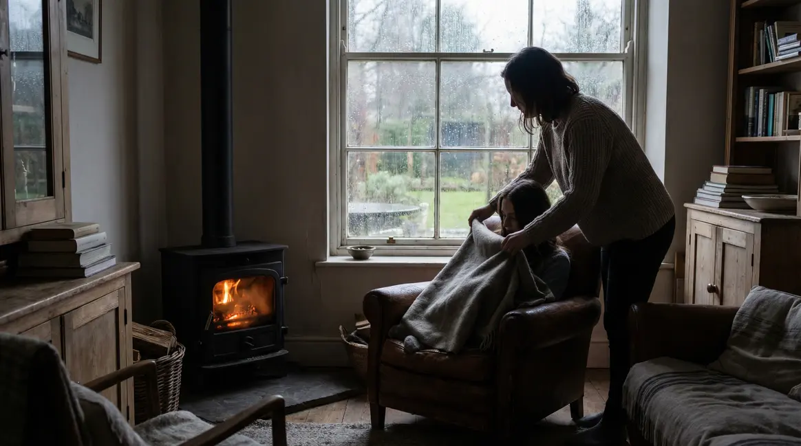 Mère couvre sa mère devant poêle hiver