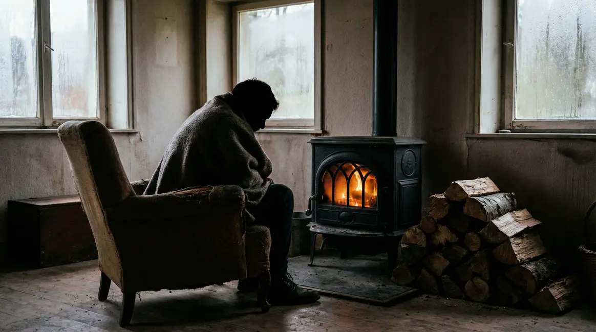Salon d'hiver avec poêle à bois, air froid, bûches volumineuses