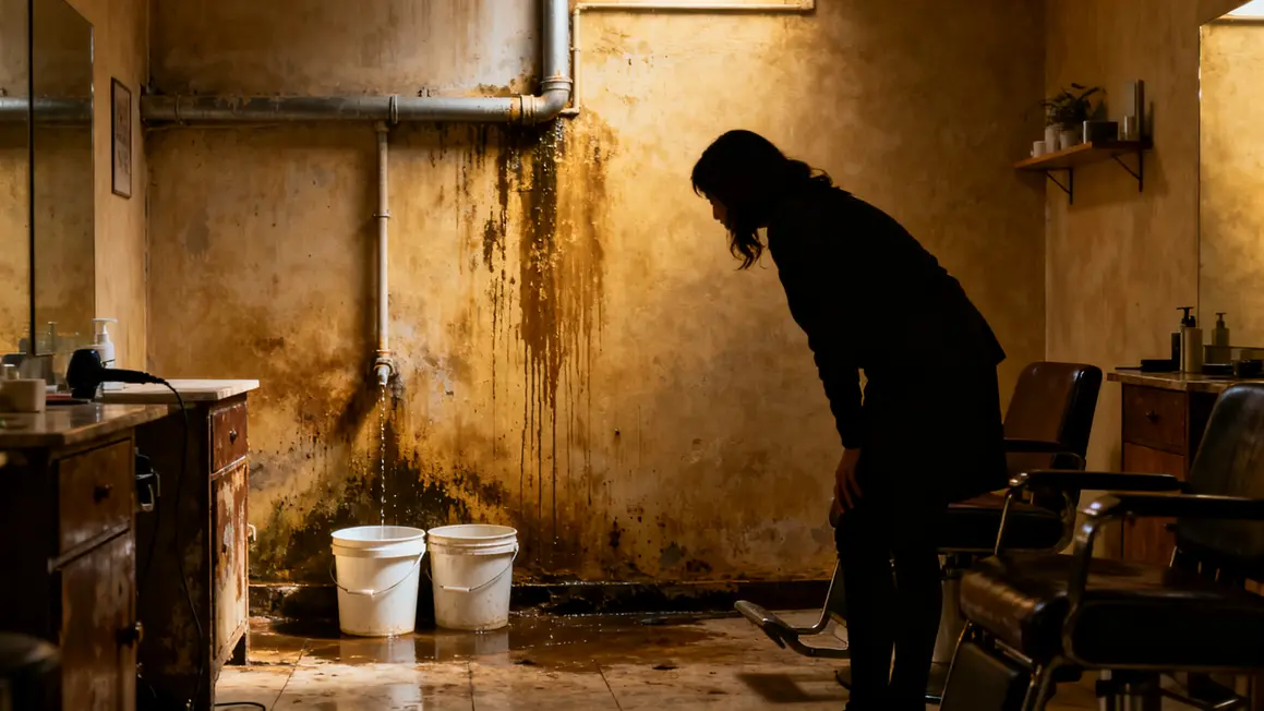 Salon humide avec murs tachés et femme inspectant