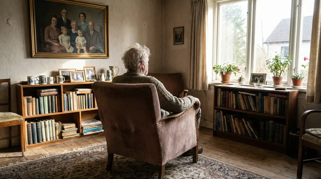 Homme âgé assis salon chaleureux avec objets et souvenirs