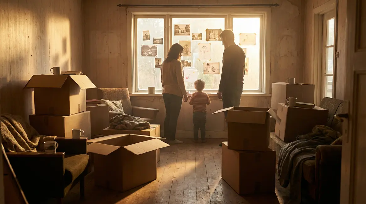 Déménagement familial, lumière du matin, ambiance chaleureuse