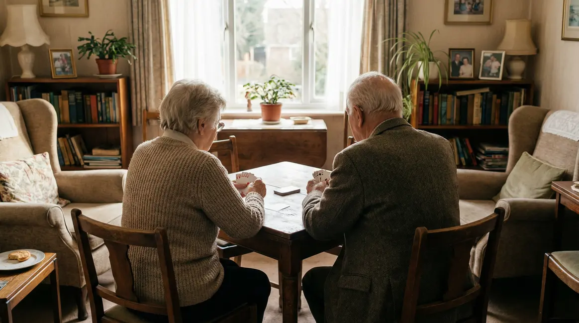 deux seniors jouent aux cartes salon maison retraite