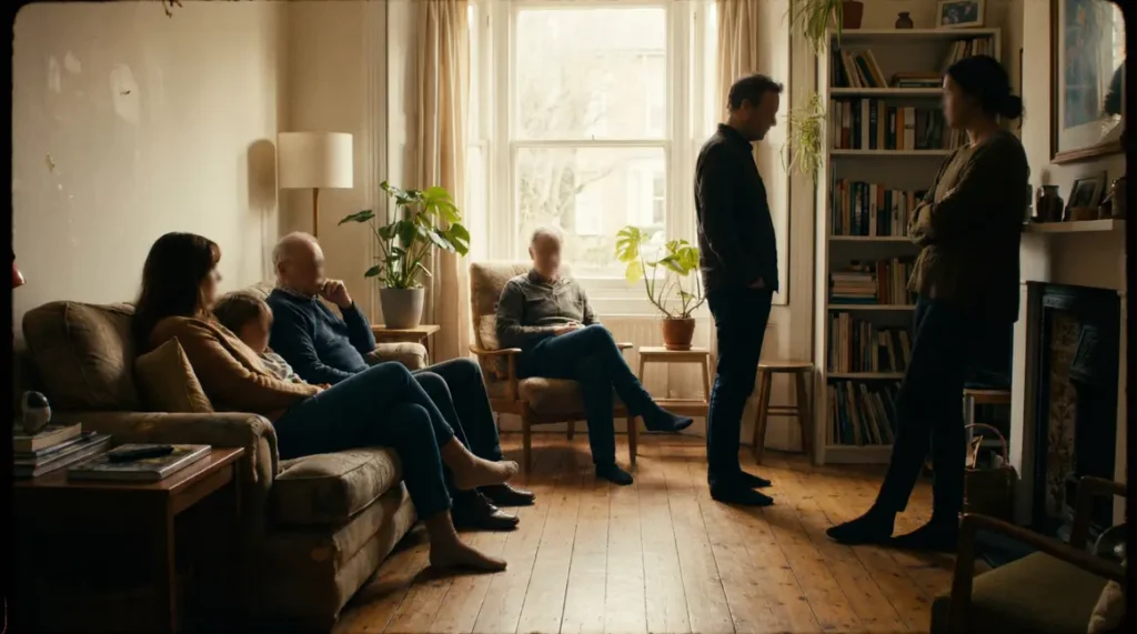 scene reunion familiale parents enfants adultes distance