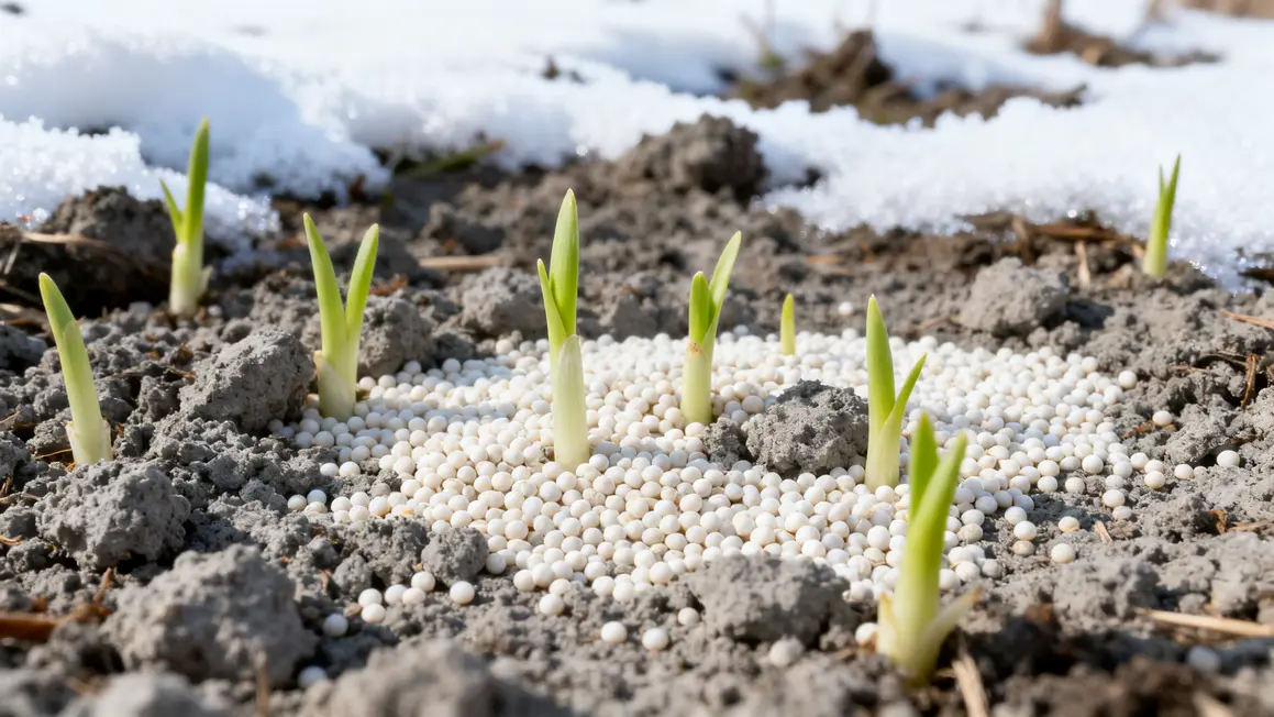 Main semant moutarde blanche pousses vertes sur sol gris neige