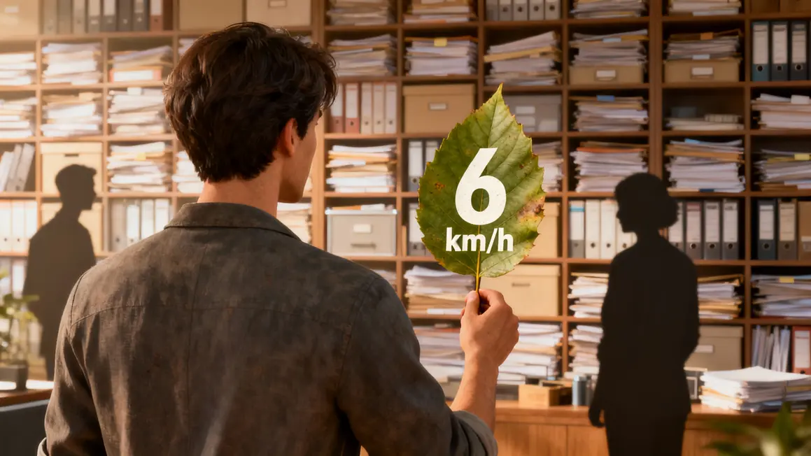 Senior montrant chiffre 6 kmh devant dossiers